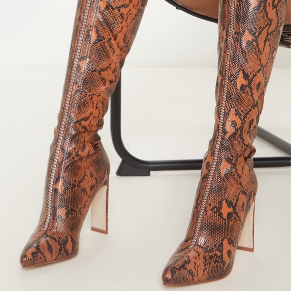 Shoes - Brown Snake Front Zip Up Thigh High Boots Thigh High Vegan Size 8